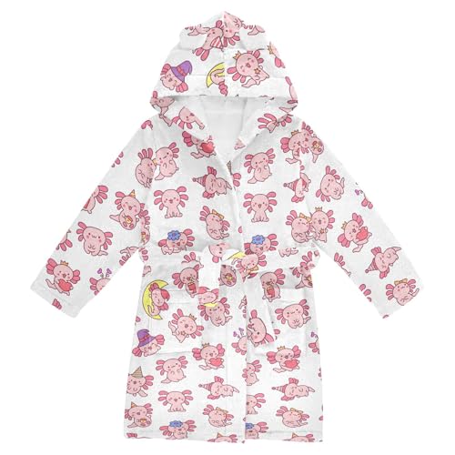 WIFIU Toddler Baby Hooded Bathrobe for Boys Girls Cute Kawaii Little Axolotl Printed, Soft Plush Bath Towel Robe with 2 Pockets for 7-9 Years