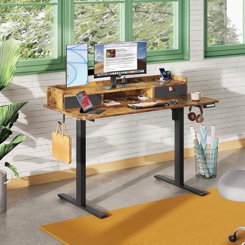 Image of DEVAISE 48 Inch Electric Standing Desk with Shelf, 3 Adjustable Computer Desk for Home Office, with LED Touchscreen,Headphone Hook, 3 Memory Preset, with One-Piece Desktop, Rustic Brown