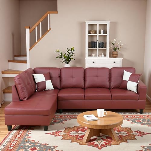 Image of L-Shaped Sectional Sofa, Modern 4-Seat Couch with Left Facing Chaise, Leather Sectional Couch for Living Room, Apartment, Office, Dark Red