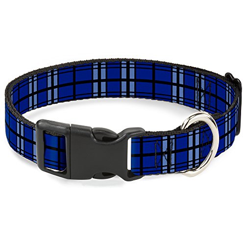 Collier grand chien réglable sangle large 3.8 cm imprimé plaid bleu gris noir clip