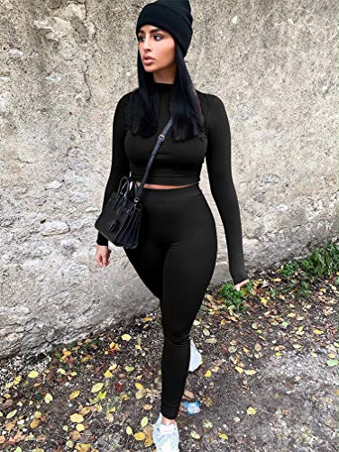 GOKATOSAU Women's Sexy 2 Piece Outfits Long Sleeve Crop Top Pants Set Club Jumpsuits Black