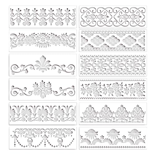 PPbreken 12 Plantillas de Borde de Flores y Mandala, Reutilizables para Pintura y Manualidades DIY, 12 X 3,9 Pulgadas