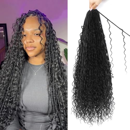 FANWYFYU Boho Faux Locs Crochet Hair 8 Packs Goddess Locs Boho Soft Locs Crochet Hair with Curly Ends Pre-looped Long Bohemian River Locs Crochet Hair For Women (1B, 24 Inch)