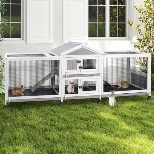 PetsCosset Double Rabbit Hutch Outdoor Indoor Large Bunny Cage with Dual Side Runs 2-Story Wooden Hutch with 4 Leak Proof Trays 8 Wheels Waterproof Roof Ramp for Small to Medium Animals