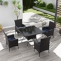 Kurapika 5-Piece Patio Furniture Outdoor Dining Set, Wicker Rattan Patio Dining Table and Chairs Set, Square Tempered Glass Tabletop with 4 Chair Set, Navy Blue