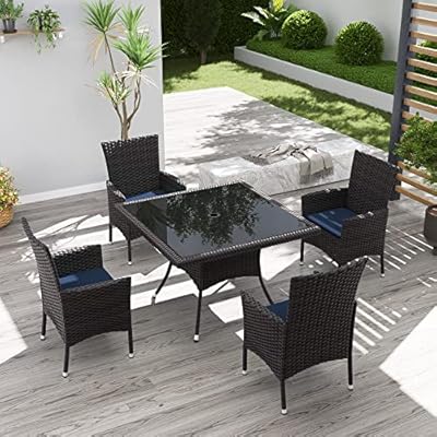Kurapika 5-Piece Patio Furniture Outdoor Dining Set, Wicker Rattan Patio Dining Table and Chairs Set, Square Tempered Glass Tabletop with 4 Chair Set, Navy Blue