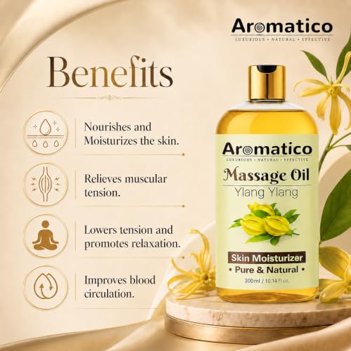 Image of AROMATICO Ylang Ylang Massage Oil for Sunny, Sensual, Floral Fantasy Date Nights | Intimate, Romantic & Arousing Aromatherapy Massage for Couples | Non-sticky and Lightweight - 300 ml (Pack of 2)
