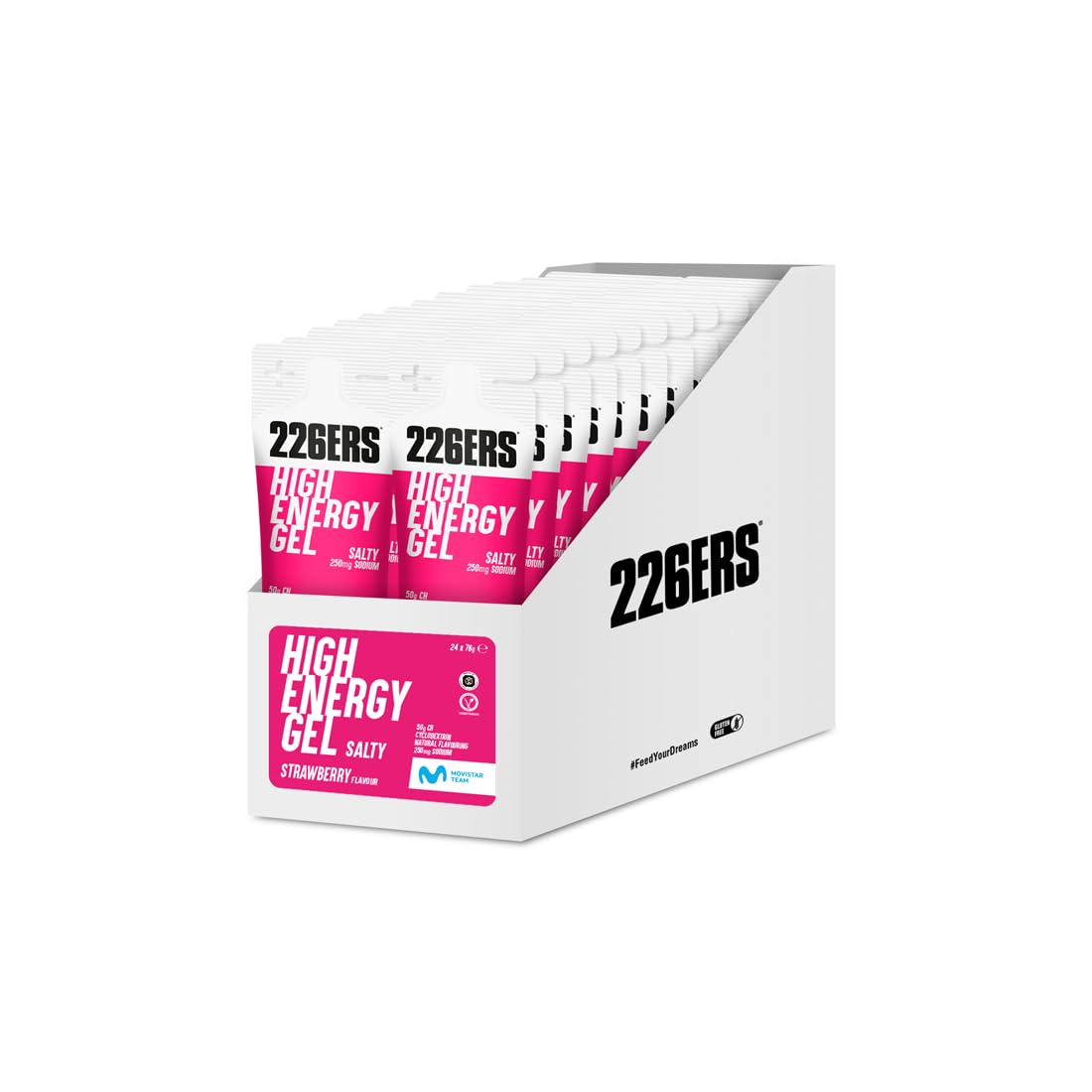 226ERS High Energy Gel, Gel Energético Deportivo, Fresa 24 x 76g | 50g de hidratos, energía prolongada con ciclodextrina, rápido vaciado gástrico, mejor digestión, sin gluten, sin lactosa