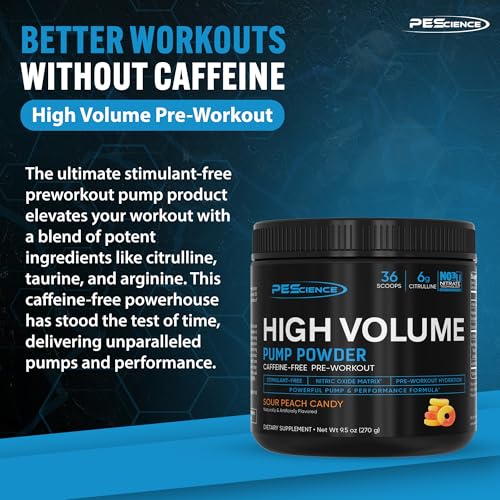 Image of PEScience High Volume Stim-Free Pre-Workout Pump Powder, Caffeine-Free with L-Citrulline & L-Arginine Nitrate, Non-Stim Preworkout for Men and Women - 36 Scoops, Sour Peach Candy
