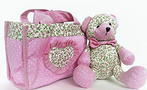 Preisvergleich Produktbild Gisela Graham Stofftier Teddybär in Tasche, mit Blumen und rosa Punkten