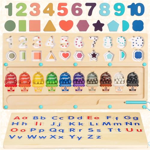 Image of Montessori Toys for 3 Year Old Toddlers: 4 in 1 Learning Resources Toys Magnetic Color and Number Maze Wooden Puzzle Board Shape Sorting Game Activities for Kids Birthday Gifts for Boys Girls Age 3 4