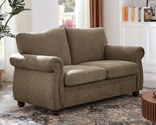 Image of ONBRILL Nailhead Sofa, 66 Inch Small Couch with Rolled Arms, Chenille Fabric Loveseat w /Springs Seat Cushion, Vintage Curved Back, Turned Wood Legs, Comfy Couch for Living Room, Farmhouse, Brown