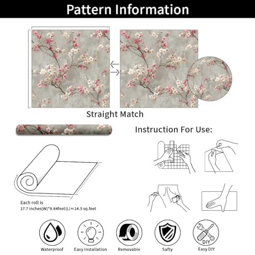 Dusty-Toned Branch Flower Removable Self-Adhesive Wallpaper for Bedroom & Living Room Decor 17.7×236 Inch,Waterproof Wall Covering for Accent Walls, Apartment, Nursery by Cotevdkot - Used condition - Image 9