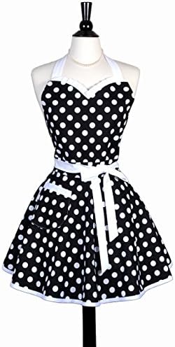 Sexy Sweetheart Womens Retro Apron in Black Polka Dot Pinup with Pocket and Monogram Option