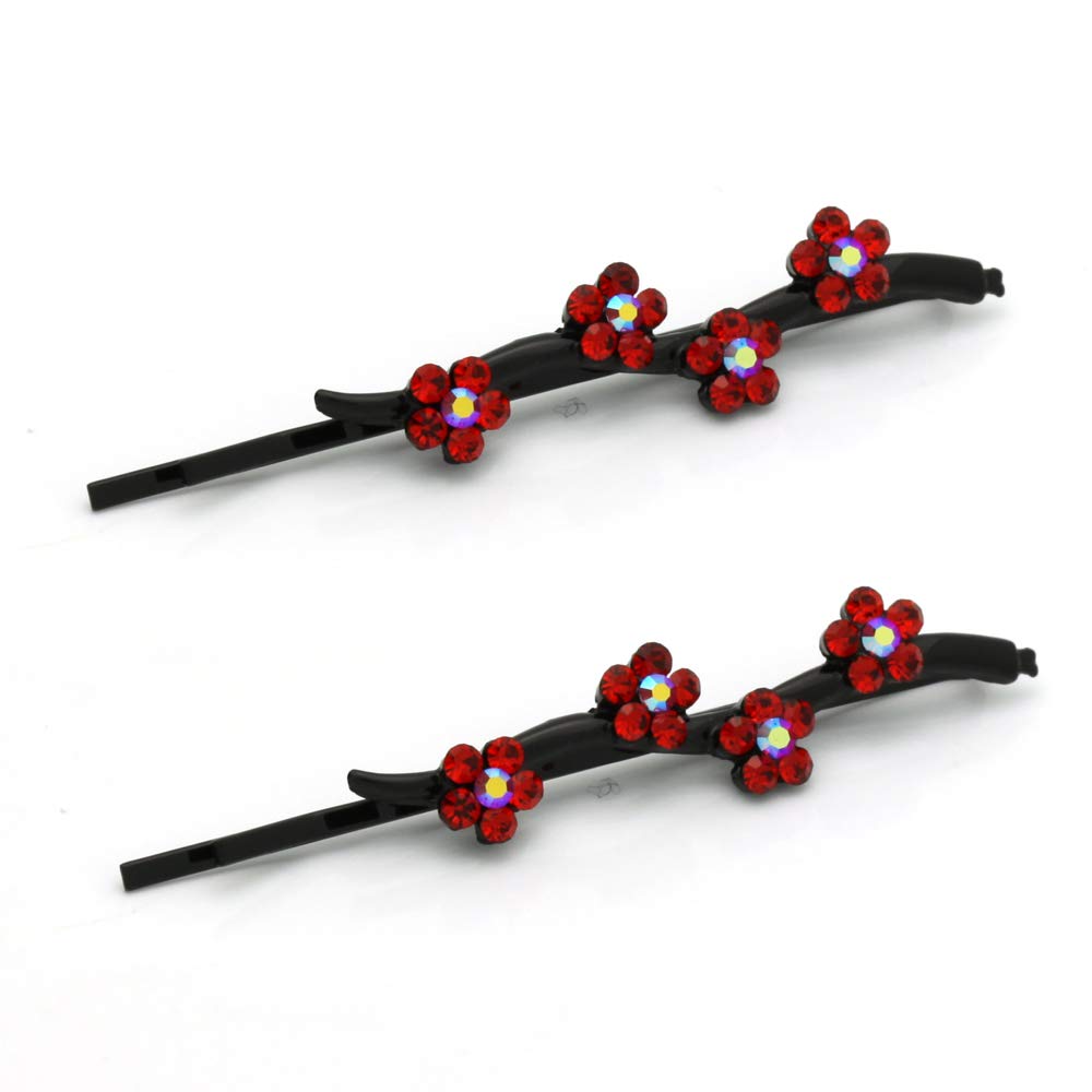 Hair Pins for women Faux Rhinestone Flower Daisy Covered Bobby Pin, Set of Two, Red