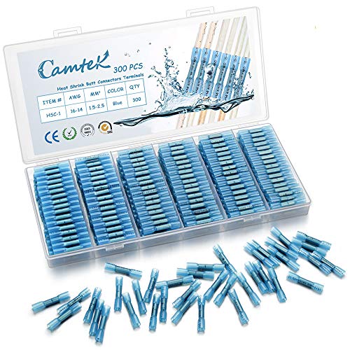300PCS Heat Shrink Butt Connectors Terminals 16-14 AWG, Camtek Waterproof Wire Connectors Electrical Connectors Insulated Crimp Connectors Marine Automotive Butt Splice Electrical Terminals(Blue)