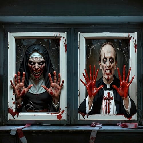 Shyllin Halloween Decoración de Silueta de Ventana, Pancarta de Halloween Adornos para Ventana Puerta Casa Embrujada,Cortina Fantasma Espeluznante Cubierta Ventan.a Horror 120x80cm (Monja-Sacerdote)