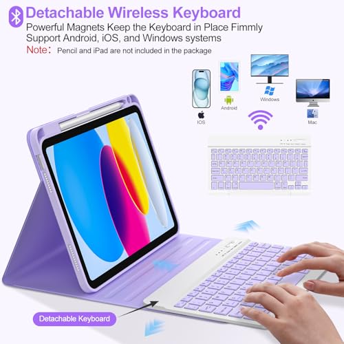 Image of COO Keyboard Case for iPad 11th A16 /10th Gen | Detachable Bluetooth Keyboard, Pencil Holder, Auto Wake /Sleep, 3 Angles, Shockproof PU TPU Cover, Purple