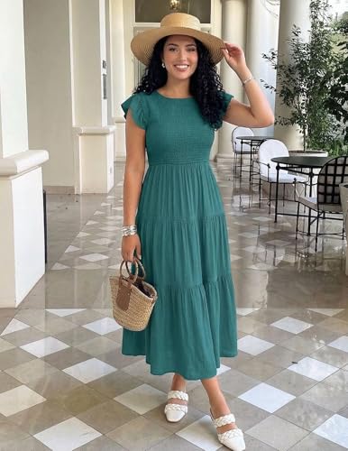 Image of ZESICA Women's 2026 Summer Casual Flutter Short Sleeve Smocked Midi Dress