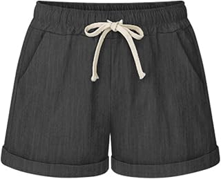 Women's Linen Drawstring Slim Casual Shorts Wide-Leg Elastic Waist Cotton Shorts Comfy Cotton Short with Pocket