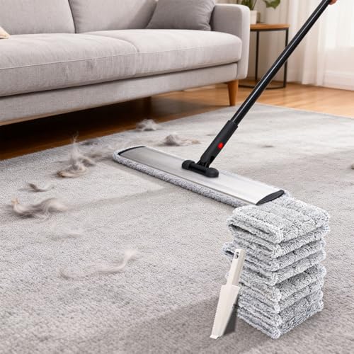 Image of Flat Mop 24in, Heavy Duty Microfiber Wet Mop for Hardwood & Laminate & Tile | Deep clean for hardwood, tile & laminate. 24-inch mop head fits most homes. Includes 4 durable reusable pads & adj. handle.