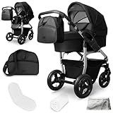 Bergsteiger Capri Kombikinderwagen 2-in-1 ohne Babyschale – Babywanne & Sportsitz, Luftreifen, Federung, höhenverstellbarer Griff, faltbar, Zubehör
