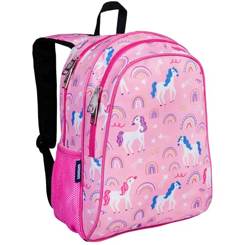 Image of Wildkin 15 Inch Backpack for Kids, Rainbow Unicorns | Ages 5-10, padded straps, side water bottle pocket - coordinates with matching Wildkin lunch boxes