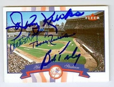 Yankee Stadium baseball card autographed by Johnny Kucks Bobby Richardson Hector Lopez Bob Turley (New York Yankees) 2002 Fleer #532