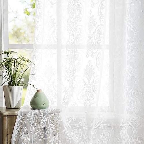 Image of Treatmentex Lace Sheer Curtains Vintage Damask Knitted European Floral Damask White Sheer Curtains for Living Room Victorian Bedroom Kitchen 54 inch W by 95 inch L 2 Panels Rod Pocket