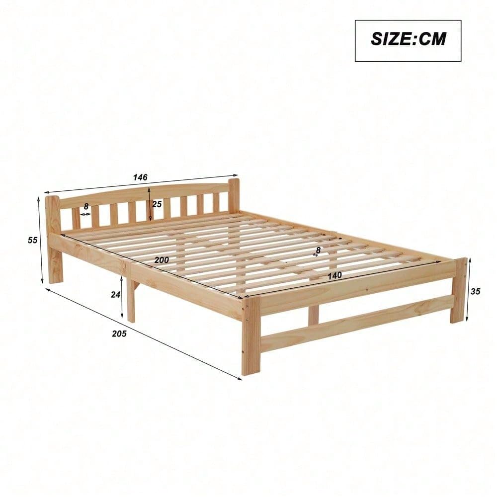 Letto in legno massello, 140 x 200 cm, naturale, letto matrimoniale futon con testiera, con rete a doghe, per ragazzi e adulti