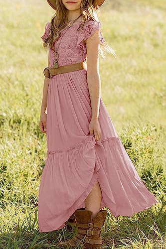 Image of MITILLY Girls Lace Flower Wedding Guest Long Maxi Dress for 6-12 Years | Girls Boho Dress, Girls' Special Occasion Dresses, Wedding Party, Size 6-12 Years, Ruffle Sleeve, A Line, With Pockets