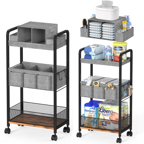 Image of 2In1 Baby Diaper Caddy & 3-Tier Rolling Diaper Cart, Caddy Organizer Cart with Dividers, Mobile Metal Bedside Carts for Baby Essentials, Rolling Carts for Newborn Nursery with Wheels, Large Capacity