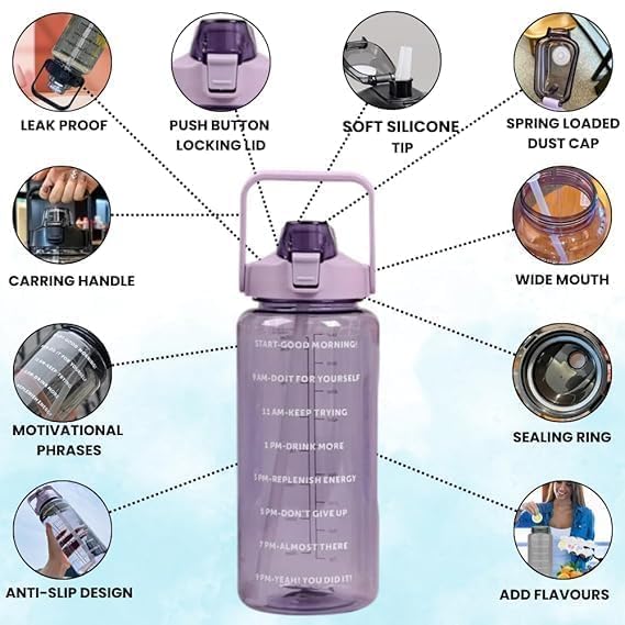 Image of 2 L Capacity Belt Straw Transparent Water Bottles| Leakproof Durable Non-Toxic Sipper | |Best Usage for School /College /office /Travel Bottle | BPA-Free Fitness Sports Bottle (PURPLE)