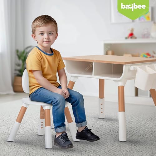 Image of BAYBEE Brilo Kids Study Table and Chair Set | 3 Level Height Adjustable for Baby | Plug & Play Assembly | Storage for School Supplies | Reading, Writing & Learning Table 2-10 Years (Brown)