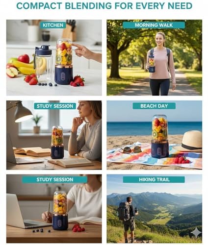 Image of ZENOVIA Portable Juicer Bottle with Dual Cup, Blue | USB Rechargeable, Smoothie Maker, Leakproof, Mini Juicer, Travel, Gym & Kitchen