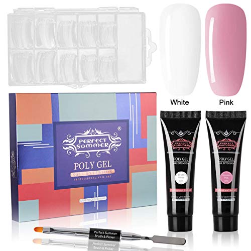 Perfect Summer 2PCS Poly Nail Extension Gel 20g Nail Enhancement Builder Gel French Manicure Trial Kit with Brush Pen Dual Forms White Light Pink Color 03