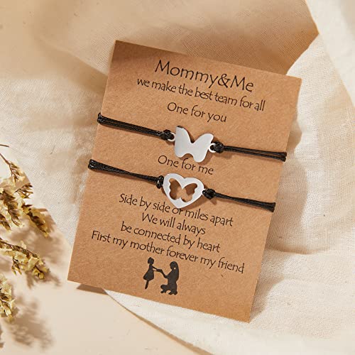 Image of Mother and Daughter Bracelet Set Heart butterfly Round Star Pedant Bracelet Stainless steel matching bracelets with Message Card Gifts Jewelry for Mothers Day Gifts for Mom from Daughters, Leather,