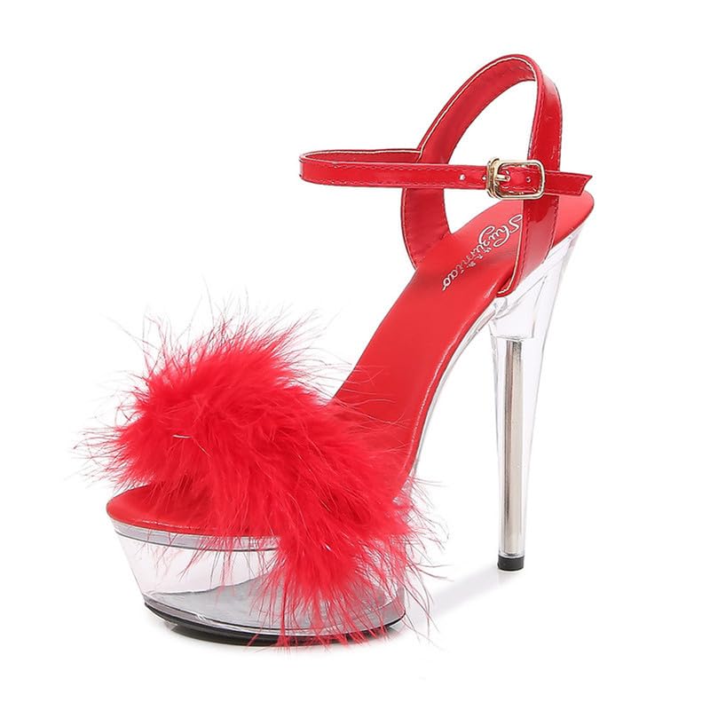 MissHeel Ankle Strap Clear Platform Furry Sandals Stiletto Heel