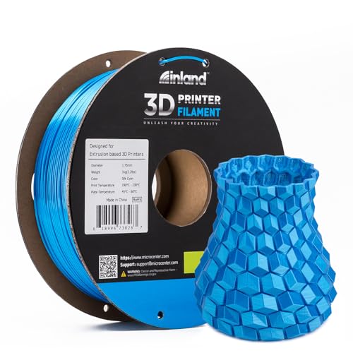 Image of INLAND Micro Center Silk PLA 3D Printer Filament 1.75mm - Cyan Blue Shiny, Dimensional Accuracy + /- 0.03 mm - 1 kg Spool (2.2 lbs), Clog Free Colorful Filaments