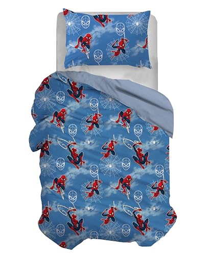 Spiderman, Juego de Funda nórdica Individual de algodón, Azul, Funda de 155 x 200 cm, Funda de Almohada 50 x 80 cm, diseño de Marvel, 100% algodón, Producto Oficial