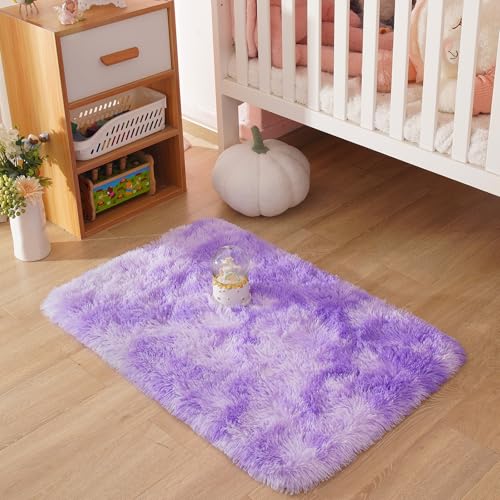Purple 2x3 Fluffy Area Rug for Girls Bedroom, Kids Playroom, Nursery Room, Teen Living Room, Dorm, Baby Room Decor