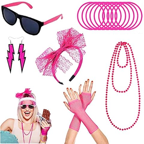 80s Fancy Dress for Women Pink 1980s Fancy Dress Fancy Halloween Costume Accessories Set Pink Gloves Neon Necklaces Bead 80s Lace Bow Headband Lighting Earrings Sunglasses for Night Out Party Cover
