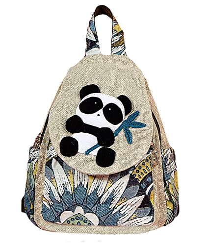 Image of Small Canvas Backpack, Retro Boho Washed Hippie for Women Daily Commute (Panda Decorations)