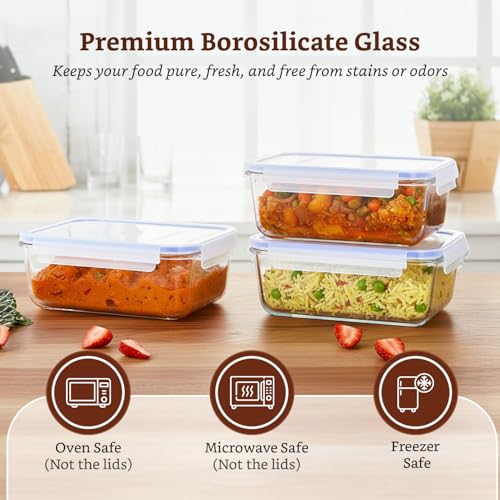 Image of Amazon Brand - Solimo Rectangular Glass Food Storage Container, 1900 ml - Set of 3, Airtight, Microwave & Freezer Safe, Transparent