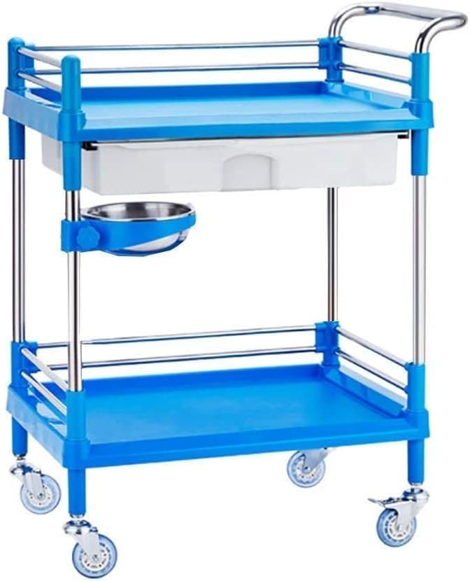 Carrito médico de acero inoxidable con 2 niveles cajón y cuenco para hospital y estética