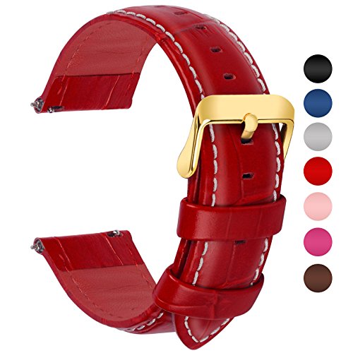 Quick Release Watch Band, Fullmosa Bamboo Genuine Leather Watch Strap for Asus Zenwatch 2 1.45"/Garmin Active S/Move 3S/Withings Move/Move ECG, 18mm Red-GD