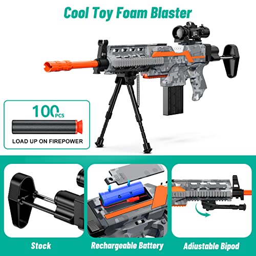 Semour Toy Guns Automatic Sniper Gun With Bullets - Toys For Boys Kids Age 6-12, Automatic Toy Gun, Toy Foam Blasters & Guns With 2 Clips Magazine, Bipod, 100 Bullets, Camo Grey #TOP4