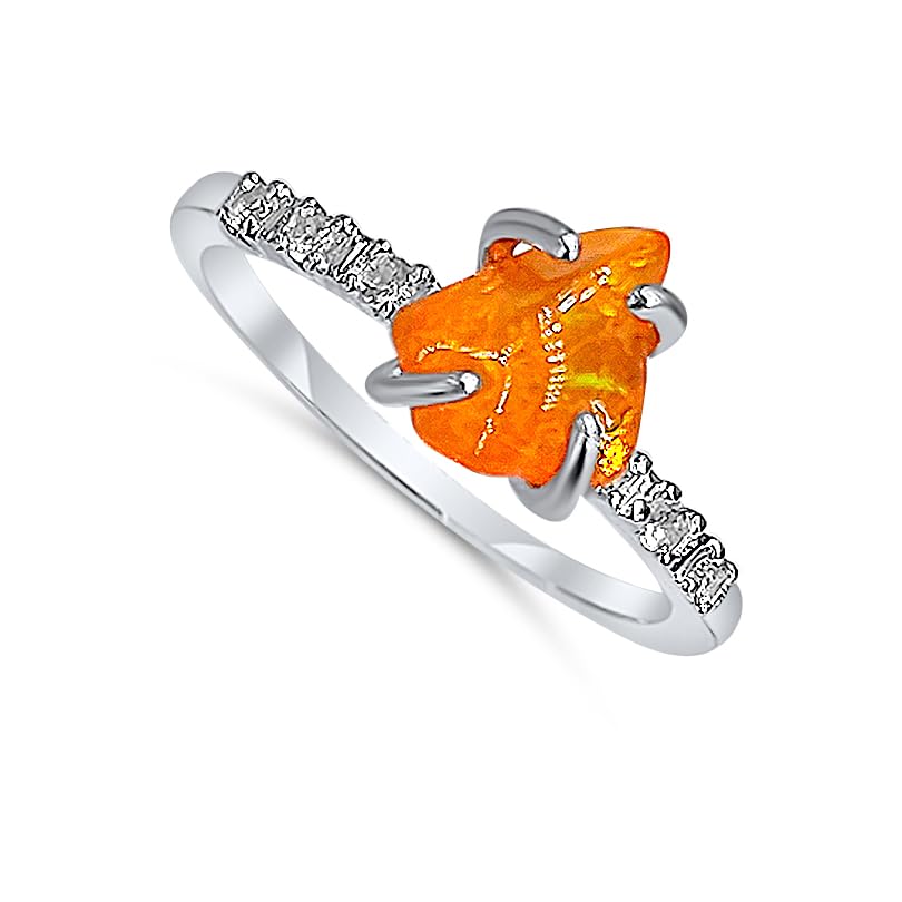 Real Raw Orange Opal Dainty Ring white Gold Birthstone gift for sister daughter niece Christmas birthday Uniquelan Jewelry (orange-opal, 8)