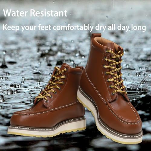 Image of Brown Men's Leather Work Boots - 4 /6 /8 Inch Composite & Soft Toe, Slip Resistant, Oil Resistant, Electrical Hazard, Mark Toe Construction Footwear