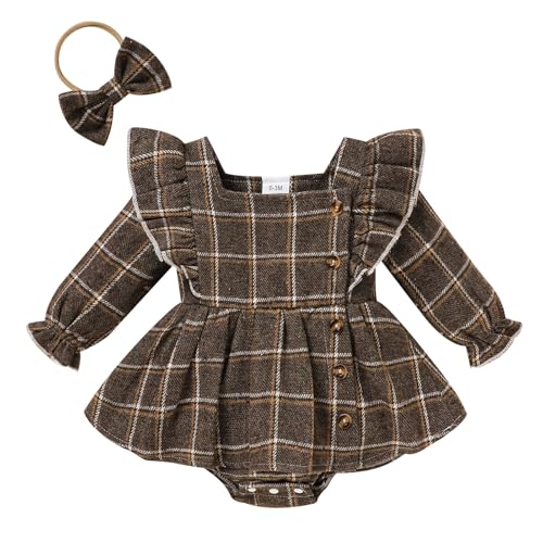 Image of TITKKOP Newborn Baby Girl Fall Winter Clothes Plaid Long Sleeve Romper Buttons Outfit Ruffles Dress with Bow Headband